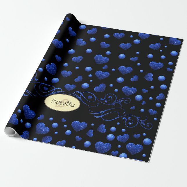 Custom name, Blue heart glitter pattern  Wrapping Paper (Unrolled)