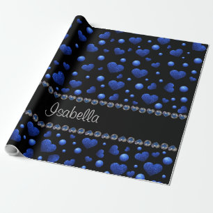 Custom name, Blue heart glitter pattern Wrapping Paper