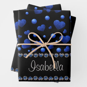 Custom name, Blue heart glitter pattern Wrapping Paper Sheet