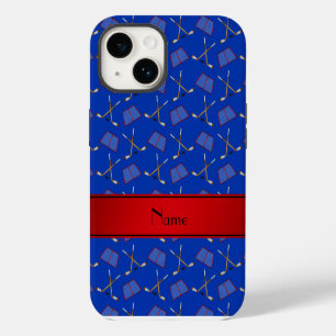 Custom name blue hockey sticks red stripe iPhone 14 case