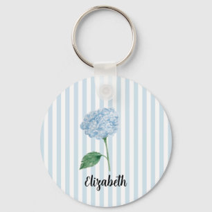 Custom Name Blue Hydrangea Painting Stripe Key Ring