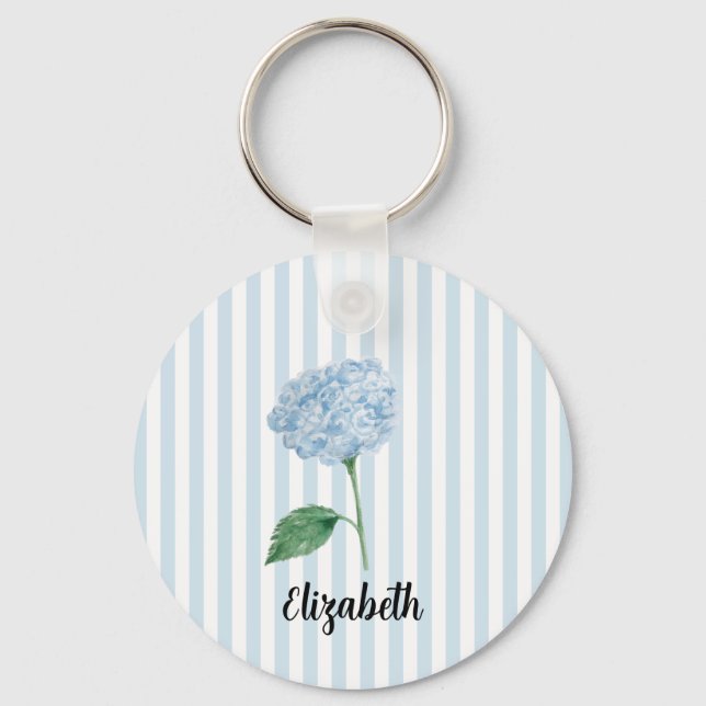 Custom Name Blue Hydrangea Painting Stripe Key Ring (Front)