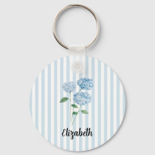 Custom Name Blue Hydrangea Painting Stripe Key Ring