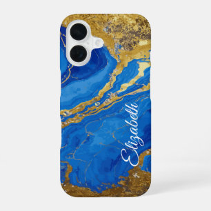 Custom Name Blue Marble and Gold Leaf iPhone 16 Case