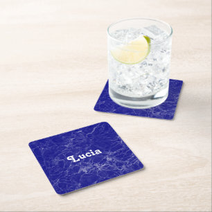 Custom name blue marble pattern square paper coaster