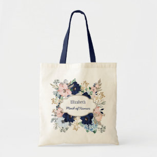 Custom Name Blue Pink Rose Bridal Tote Bag