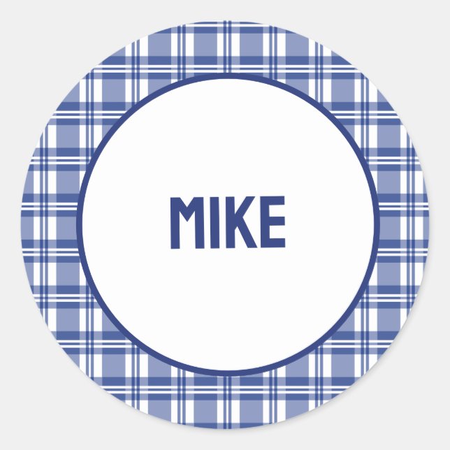Custom Name | Blue Plaid Classic Round Sticker (Front)