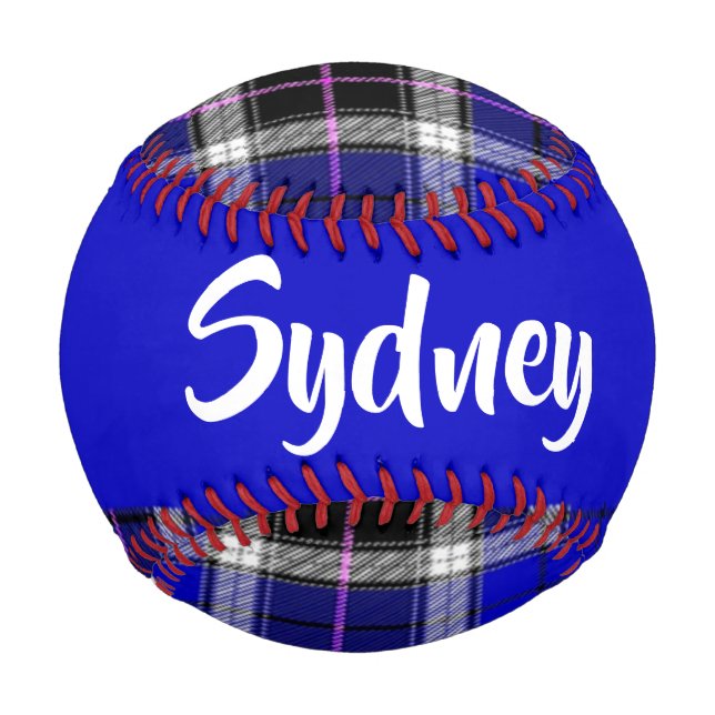 Custom name blue plaid pattern baseball (Front)