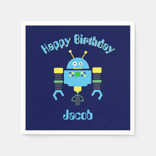 Custom Name Blue Robot Birthday Napkin (Front)