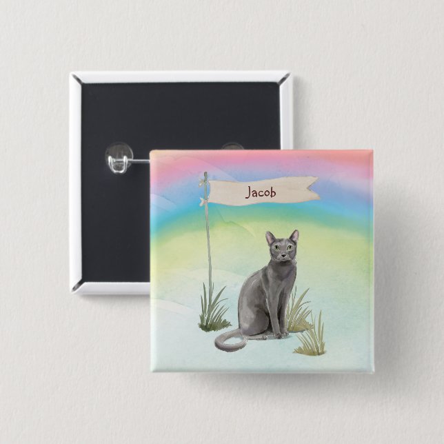 Custom Name Blue Russian Cat Pet 15 Cm Square Badge (Front & Back)