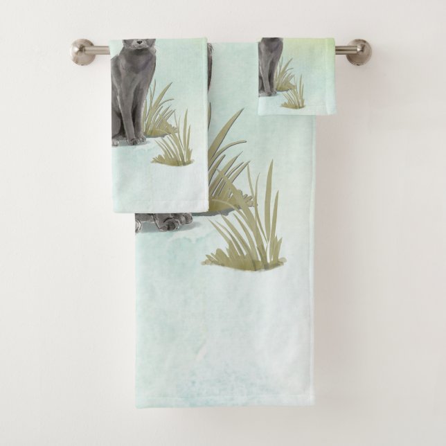Custom Name Blue Russian Cat Pet Bath Towel Set (Insitu)