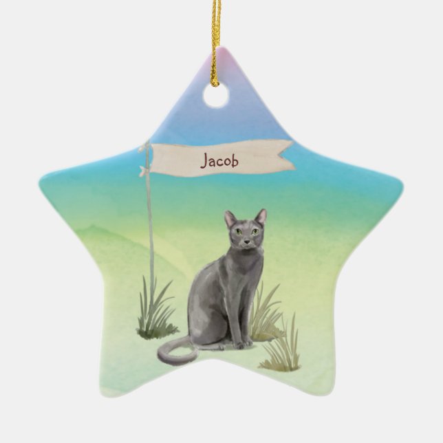 Custom Name Blue Russian Cat Pet Ceramic Tree Decoration (Front)