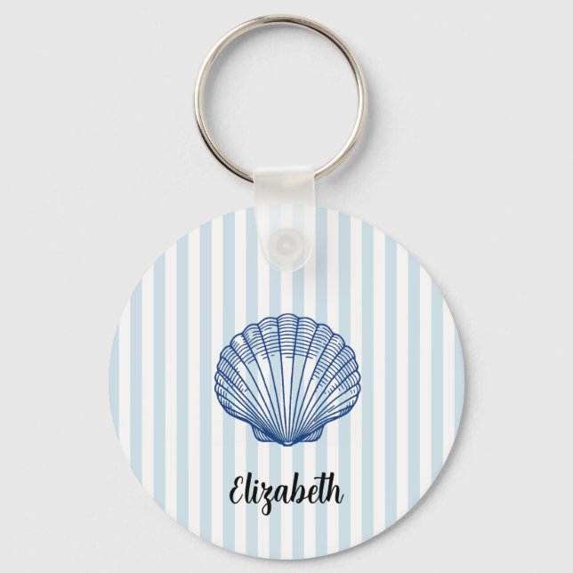 Custom Name Blue Seashell Scallop Painting Stripe Key Ring (Front)