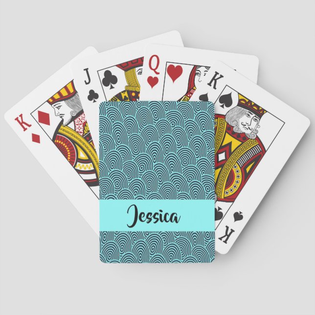 Custom name blue spiral waves playing cards (Back)