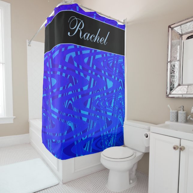 Custom Name Blue Swirls Abstract Pattern Artsy Shower Curtain (In Situ)