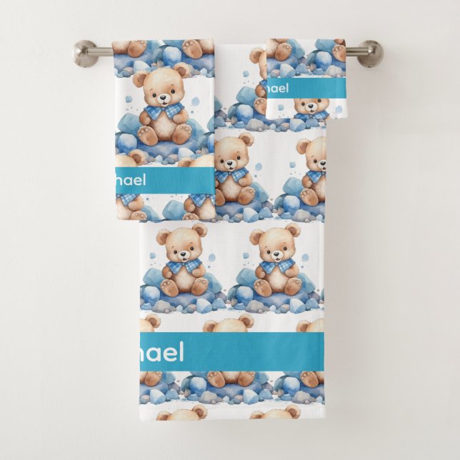 Custom Name Blue Teddy Bear Boy's Bath Towel Set (Insitu)