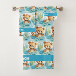 Custom Name Blue Teddy Bear Boy's Bath Towel Set