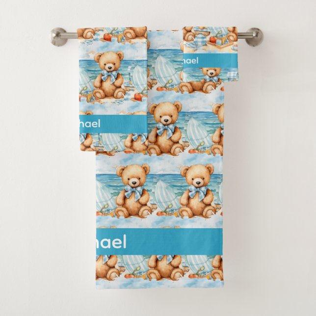 Custom Name Blue Teddy Bear Boy's Bath Towel Set (Insitu)
