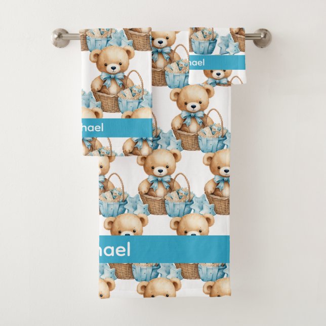 Custom Name Blue Teddy Bear Boy's Bath Towel Set (Insitu)
