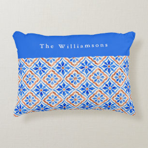 Custom Name Blue Terracotta Mediterranean Tile Decorative Cushion