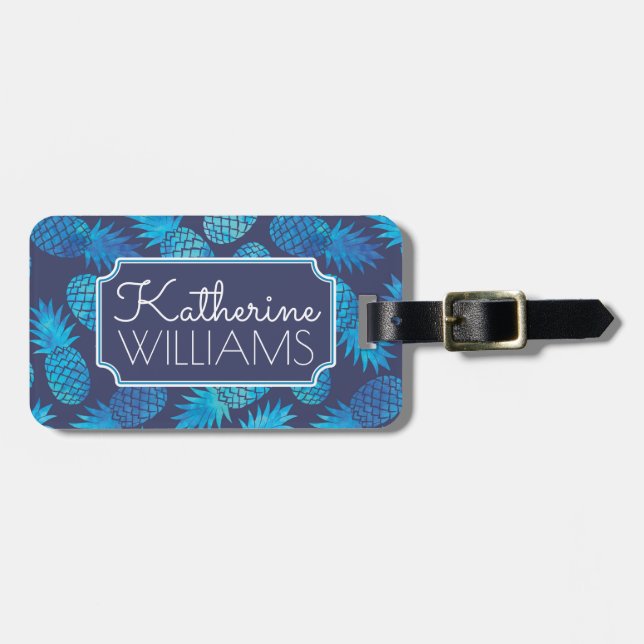 Custom Name Blue Tie Dye Pineapples Luggage Tag (Front Horizontal)