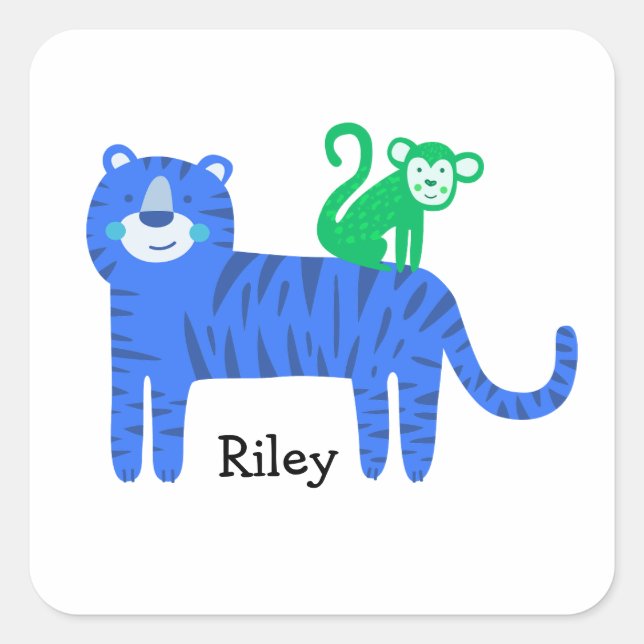 Custom Name Blue Tiger with Green Monkey on Back Square Sticker (Front)