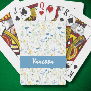 Custom Name Blue Watercolor Wildflower Pattern Playing Cards