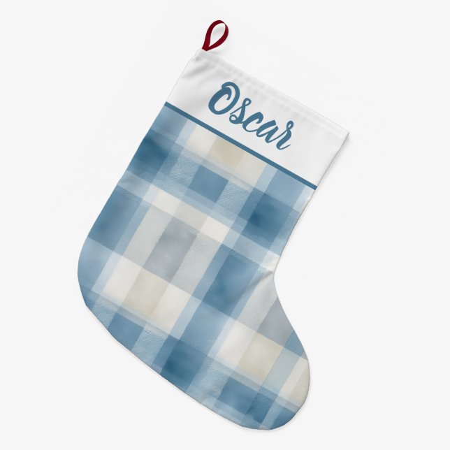 Custom Name Blue & White Plaid Christmas Stocking (Front (Hanging))
