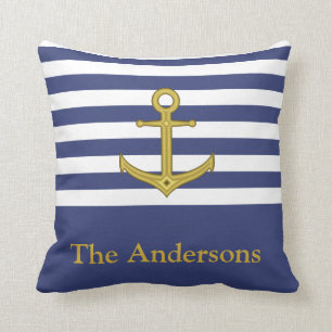 Custom Name Blue & White with Faux Gold Anchor Cushion