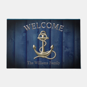 Custom Name Blue Wood Anchor Nautical Beach House  Doormat