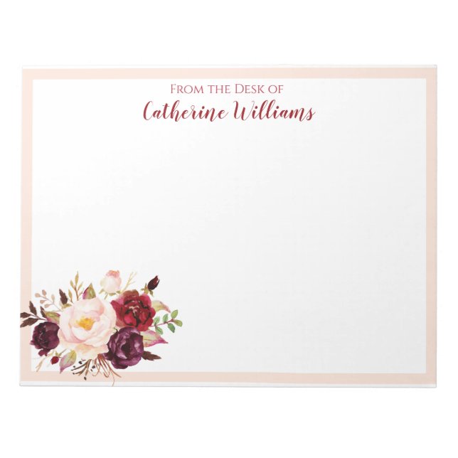 Custom Name Blush Pink Flowers Stationery Pen Pal Notepad (Front)