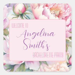 Custom Name Blush Pink Peony Bachelorette Party Square Sticker
