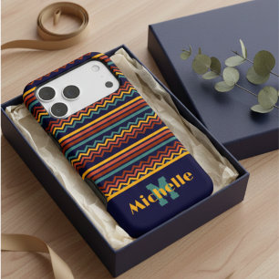 Custom Name Boho Retro Teal Navy & Gold Pattern