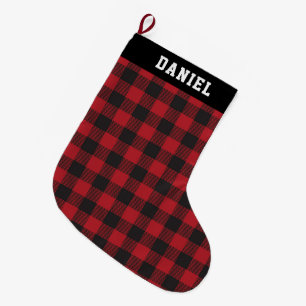 Custom Name Bold Text Red Buffalo Checks Plaid Large Christmas Stocking