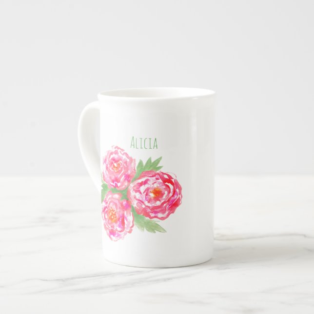 Custom Name Bone China Mug Roses Watercolor (Front Left)