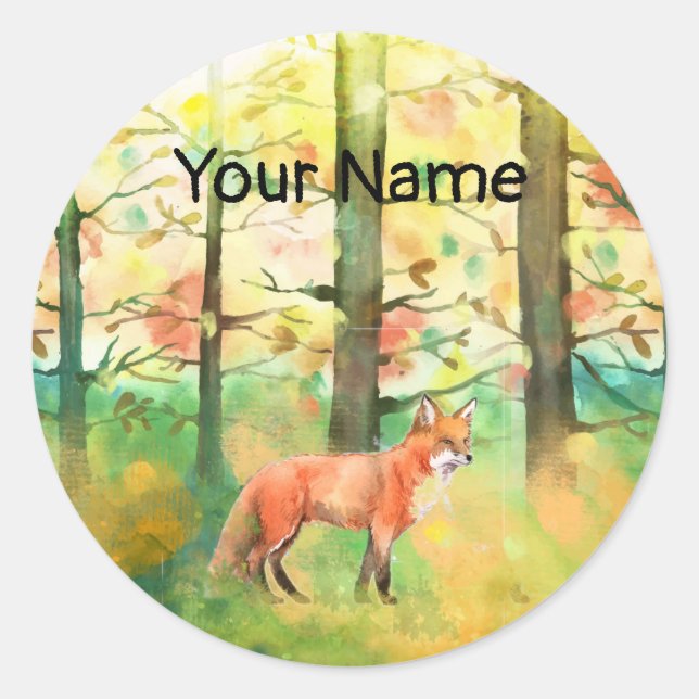 Custom Name Book Plate Cute Red Fox Autumn Fall  Classic Round Sticker (Front)