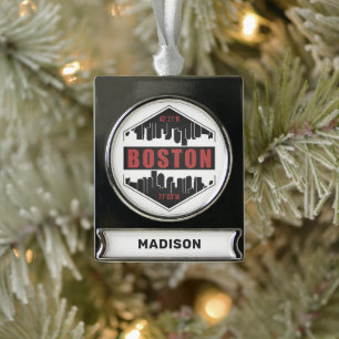 Custom Name Boston Massachusetts Silver Plated Banner Ornament