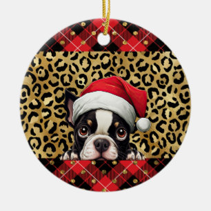 Custom Name Boston Terrier dog Santa hat Buffalo P Ceramic Tree Decoration