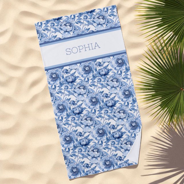 Custom Name Botanical Blue Floral Delicate Flower Beach Towel (Custom Name Botanical Blue Floral Delicate Flower Beach Towel)