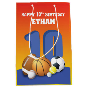 Custom Name Boy 10th Birthday Sports Balls Medium Gift Bag