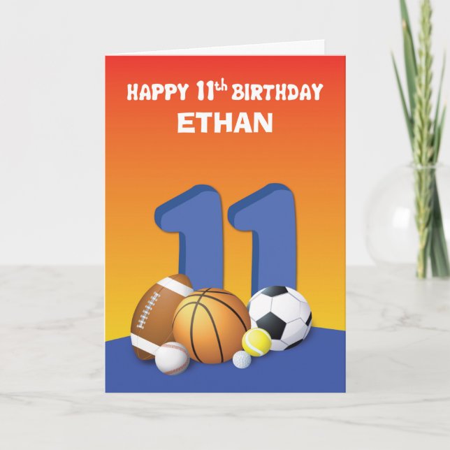 Custom Name Boy 11th Birthday Sports Balls Card (Front)