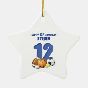 Custom Name Boy 12th Birthday Sports Balls Ceramic Tree Decoration