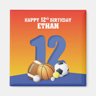 Custom Name Boy 12th Birthday Sports Balls Magnet
