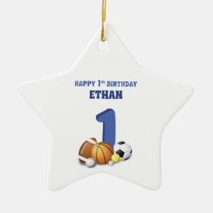 Custom Name Boy 1st Birthday Sports Balls Ceramic  Tree Decoration