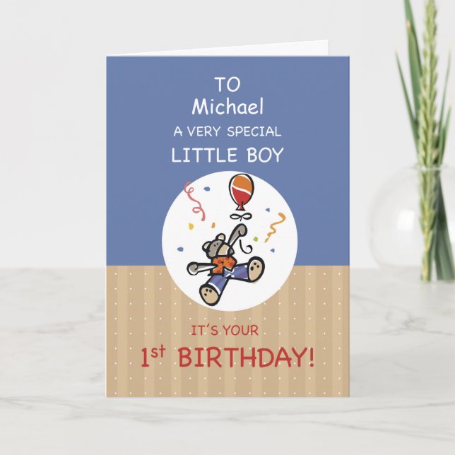 Custom Name Boy 1st Teddy Bear Balloon Birthday Card (Front)