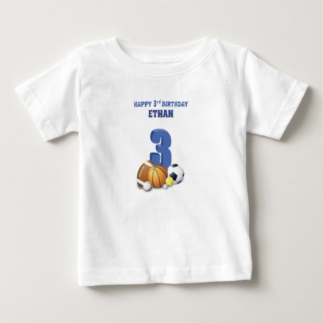Custom Name Boy 3rd Birthday Sports Balls Baby T-Shirt (Front)
