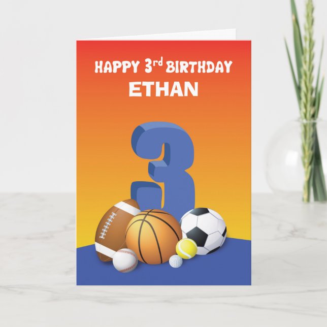 Custom Name Boy 3rd Birthday Sports Balls Card (Front)