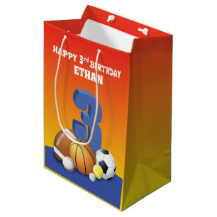 Custom Name Boy 3rd Birthday Sports Balls Medium Gift Bag