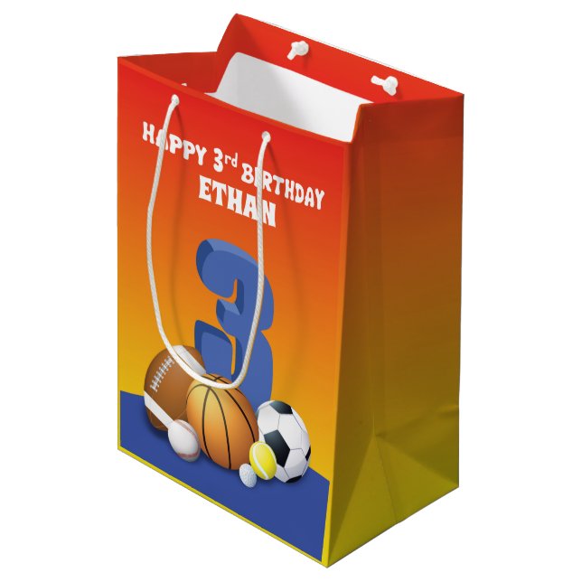 Custom Name Boy 3rd Birthday Sports Balls Medium Gift Bag (Front Angled)