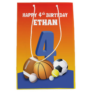 Custom Name Boy 4th Birthday Sports Balls Medium Gift Bag